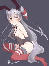 Rule 34 | 10s, 1girl, adapted costume, alternate costume, amatsukaze (kancolle), arms behind back, ayakabu, bare shoulders, blush, breasts, brown eyes, embarrassed, full body, garter straps, grey background, hair tubes, highres, kantai collection, long hair, looking at viewer, looking to the side, playboy bunny, sideboob, silver hair, simple background, small breasts, solo, thighhighs, twitter username, two side up, very long hair