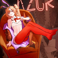 Rule 34 | absurdres, animal ears, arm support, armchair, azur lane, bare shoulders, blonde hair, bow, bowtie, chair, chinese commentary, cleveland (azur lane), cleveland (knight of the pop-up shop) (azur lane), commentary request, covered navel, detached collar, fake animal ears, feet, flat chest, grin, head tilt, highres, jacket, leotard, mihua mh, nail polish, narrowed eyes, neon lights, neon sign, no shoes, on chair, one side up, open clothes, open jacket, pantyhose, pink nails, playboy bunny, rabbit ears, red eyes, red pantyhose, see-through, see-through shirt, shirt, sitting, smile, soles, thigh strap, thighs, toes, traditional bowtie, untying, v-shaped eyebrows, white shirt