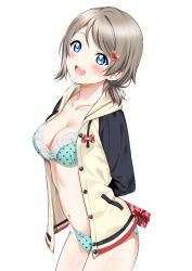 Rule 34 | 1girl, alternate hairstyle, arms behind back, blue bra, blue eyes, blue panties, bow, bra, breasts, cleavage, commentary request, cowboy shot, gift, hair ornament, hood, hooded jacket, hoodie, jacket, light brown hair, looking at viewer, love live!, love live! sunshine!!, medium breasts, navel, open clothes, open hoodie, open mouth, panties, polka dot, polka dot bra, polka dot panties, sankuro (agoitei), short hair, short ponytail, simple background, smile, solo, underwear, watanabe you, white background