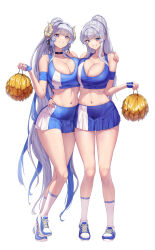 Rule 34 | 2girls, absurdly long hair, absurdres, armband, bare shoulders, black choker, blue eyes, blue gloves, blue hair, blue shirt, blue skirt, breasts, bright pupils, cheerleader, choker, cleavage, commission, crop top, curled horns, fingerless gloves, full body, gloves, gradient hair, grin, hair ribbon, hand on another&#039;s shoulder, hand on another&#039;s waist, high ponytail, highres, holding, holding pom poms, horns, huge breasts, jinmeii, kneehighs, leg up, long hair, looking at viewer, midriff, miniskirt, mole, mole on breast, multicolored hair, multiple girls, navel, original, pleated skirt, pointy ears, pom pom (cheerleading), pom poms, ponytail, ribbon, shirt, shoes, sidelocks, skirt, sleeveless, sleeveless shirt, smile, sneakers, socks, standing, standing on one leg, stomach, tank top, thighs, two-tone hair, two-tone skirt, very long hair, white hair, white socks