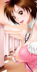Rule 34 | 1girl, blush, bob cut, breast slip, breasts, brown eyes, brown hair, corset, detached collar, eyelashes, from side, gloves, highres, indoors, large breasts, lips, lipstick, looking at viewer, makeup, nipples, nurse, one breast out, open mouth, original, short hair, solo, spiked hair, stethoscope, undressing, yui toshiki