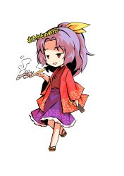 Rule 34 | 1girl, brown footwear, chibi, dairi, hand fan, hand up, holding, holding fan, japanese clothes, kimono, komakusa sannyo, long sleeves, medium hair, open mouth, ponytail, purple hair, red eyes, red sleeves, ribbon, simple background, smile, smug, solo, standing, tachi-e, text focus, touhou, transparent background, white background, yellow ribbon