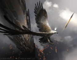 Rule 34 | animal focus, arrow (projectile), axelsauerwald, beak, bird, check animal, cloud, company name, copyright notice, crown, day, eagle, feathered wings, flaming arrow, floating crown, flock, flying, foreshortening, from above, lava, magic: the gathering, midair, mini crown, official art, outdoors, overcast, painterly, sky, stone pillar, wings