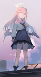 Rule 34 | 1girl, absurdres, azusa (blue archive), black dress, black sailor collar, blue archive, closed mouth, cloud, dress, feathered wings, flower, frilled legwear, frilled skirt, frills, full body, hair between eyes, hair flower, hair ornament, halo, highres, jacket, long hair, long sleeves, looking at viewer, low wings, outdoors, pink eyes, sailor collar, skirt, solo, somray, standing, thighs, very long hair, white hair, white jacket, white wings, wing ornament, wings
