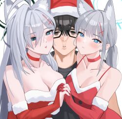 Rule 34 | 1boy, 2girls, absurdres, alternate costume, blue archive, breasts, cleavage, ddog, hat, highres, kiss, large breasts, multiple girls, santa costume, santa hat, shiroko (blue archive), shiroko terror (blue archive), twitter, upper body, white background