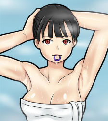 Rule 34 | 1girl, armpits, arms up, bare shoulders, black hair, blue background, breasts, cleavage, collarbone, covered erect nipples, hair tie, hair tie in mouth, looking at viewer, medium breasts, mouth hold, naked towel, original, red eyes, saberrung, simple background, steam, sweat, towel, tying hair, wet, white towel