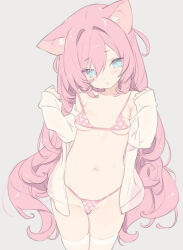 Rule 34 | 1girl, animal ears, bikini, blade (galaxist), blue eyes, blush, breasts, closed mouth, commentary request, grey background, hair between eyes, highres, long hair, open clothes, open shirt, original, pink bikini, pink hair, polka dot, polka dot bikini, shirt, simple background, small breasts, smile, solo, standing, swimsuit, thighhighs, very long hair, white shirt, white thighhighs