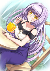 Rule 34 | 1girl, arm rest, blunt ends, blush, collarbone, colored eyelashes, cup, day, deni m, drinking glass, drinking straw, floating hair, hair intakes, indoors, juice, kiku ichimonji norimune, light purple hair, long hair, long skirt, looking at viewer, off-shoulder shirt, off shoulder, on chair, orange juice, purple skirt, shirt, skirt, smile, solo, table, tenka hyakken, yellow eyes
