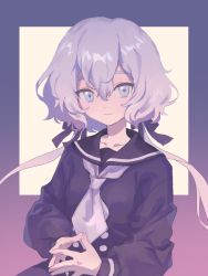 Rule 34 | 1girl, beige background, black ribbon, black sailor collar, black serafuku, black shirt, blouse, blue eyes, closed mouth, collarbone, commentary, curly hair, fingers together, gradient background, hair ribbon, konno junko, long hair, long sleeves, looking at viewer, low twintails, necktie, own hands together, purple background, ribbon, sailor collar, school uniform, serafuku, shirt, sitting, smile, solo, steepled fingers, twintails, upper body, uruba, white hair, white necktie, zombie land saga