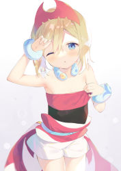 Rule 34 | 1girl, ;o, arm up, bare shoulders, blonde hair, blue eyes, blush, collarbone, commentary request, creatures (company), game freak, gradient background, grey background, hair between eyes, irida (pokemon), jewelry, looking at viewer, neck ring, nintendo, one eye closed, parted lips, pokemon, pokemon legends: arceus, red shirt, shirt, short shorts, shorts, solo, standing, strapless, strapless shirt, white background, white shorts, yuizaki kazuya