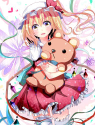 Rule 34 | 1girl, absurdres, asymmetrical hair, asymmetrical wings, bad id, bad pixiv id, blonde hair, dress, flandre scarlet, hat, highres, looking at viewer, mob cap, hugging object, puffy short sleeves, puffy sleeves, red dress, red eyes, short hair, short sleeves, side ponytail, smile, solo, stuffed animal, stuffed toy, teddy bear, thighhighs, touhou, umi no suzuka, wings, zettai ryouiki