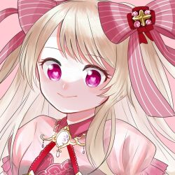 Rule 34 | 1girl, bad id, bad twitter id, blonde hair, chaos marie (grimms notes), cleavage cutout, clothing cutout, grimms notes, hair ribbon, heart, heart-shaped pupils, highres, jewelry, leil syada, long hair, necklace, pendant, pink background, pink eyes, puffy sleeves, ribbon, simple background, smile, solo, symbol-shaped pupils, upper body