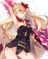 Rule 34 | 1girl, arm behind head, armlet, armpits, asymmetrical sleeves, bare arms, bare legs, between breasts, black detached sleeves, black dress, black panties, blonde hair, breasts, cameltoe, cape, closed mouth, contrapposto, crown, detached sleeves, dress, earrings, ereshkigal (fate), expressionless, fate/grand order, fate (series), female focus, floating hair, glowing, glowing weapon, groin, hair ribbon, hand on own leg, hand on own thigh, highres, holding, holding weapon, hoop earrings, jewelry, legs, long hair, matching hair/eyes, medium breasts, mom 29 mom, neck, panties, parted bangs, red cape, red ribbon, ribbon, short dress, single detached sleeve, single sleeve, skull, solo, standing, strapless, strapless dress, tohsaka rin, two side up, type-moon, underwear, uneven sleeves, weapon, white background, yellow eyes