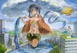 Rule 34 | 1girl, aircraft, blue hair, cloud, dirigible, giant, giantess, hatsune miku, long hair, rain, river, solo, tamu (tamurarucaffe1226), twintails, very long hair, vocaloid, wading, wet, wringing hair