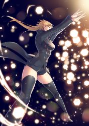 Rule 34 | 10s, 1girl, arms up, belt, black footwear, black jacket, black shorts, blonde hair, boots, breasts, cube, floating hair, genderswap, genderswap (mtf), glowing, high heel boots, high heels, izumi kouhei, jacket, legs apart, lens flare, light particles, long hair, looking at viewer, pepper fever, short shorts, shorts, smile, solo, thigh boots, thighhighs, world trigger, yellow eyes