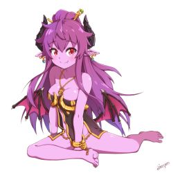 Rule 34 | 1girl, ahoge, artist name, bad id, bad pixiv id, bare shoulders, barefoot, bracelet, breasts, chain, cleavage, colored skin, demon girl, demon horns, demon wings, earrings, fang, full body, hair ornament, hair stick, highres, horns, jewelry, long hair, looking at viewer, low wings, medium breasts, ming (mg), necklace, no panties, pointy ears, purple hair, purple skin, red eyes, sidelocks, simple background, sitting, sizque, smile, solo, very long hair, white background, wings