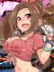 Rule 34 | 1girl, aino nagisa, armlet, blurry, blurry background, blush, bouncing breasts, bow, breasts, brown hair, check commentary, cleavage, collarbone, commentary, commentary request, crop top, eyelashes, flying sweatdrops, gloves, hair bow, idolmaster, idolmaster cinderella girls, kurushima gire, large breasts, looking at viewer, navel, open mouth, ponytail, purple eyes, shirt, short sleeves, smile, stomach, sweat, tied shirt, tongue, upper body
