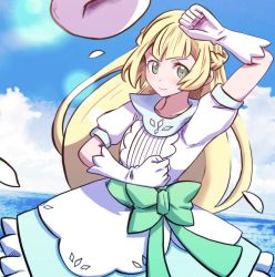 Rule 34 | 1girl, alternate costume, batchgooya, blonde hair, bow, braid, bridal gauntlets, clench, creatures (company), day, dress, game freak, green bow, green eyes, highres, large bow, lillie (pokemon), long hair, looking at viewer, nintendo, no headwear, ocean, pokemon, pokemon (anime), pokemon sm146, pokemon sm (anime), short sleeves, sky, smile, twin braids, white dress