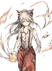 Rule 34 | 1girl, absurdres, bow, collared shirt, commentary, dirty, dirty face, expressionless, fire, floating hair, fujiwara no mokou, hair bow, highres, long hair, long sleeves, looking to the side, ofuda, ofuda on clothes, pants, red eyes, red pants, shimoda masaya, shirt, solo, suspenders, torn clothes, touhou, white background, white hair, white shirt