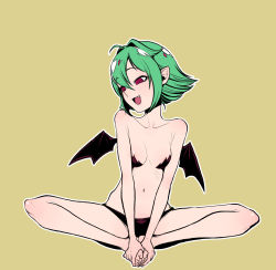 Rule 34 | 1girl, barefoot, black panties, breasts, butterfly sitting, demon girl, demon wings, fang, feet, feet together, female focus, green hair, hair intakes, hands on feet, navel, ononaka akihiro, open mouth, outline, panties, petite, pointy ears, red eyes, ringed eyes, sakuma (yuuutsu-kun to succubus-san), sitting, small breasts, solo, toes, underwear, v arms, white outline, wings, yellow background, yuuutsu-kun to succubus-san