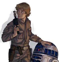 Rule 34 | 1boy, 1other, artist name, astromech droid, belt, blonde hair, blue eyes, brown belt, brown jumpsuit, gun, highres, holding, holding gun, holding weapon, jumpsuit, lauren illustrated, looking to the side, luke skywalker, male focus, r2-d2, shadow, short hair, simple background, star wars, star wars: the empire strikes back, weapon, weapon request, white background