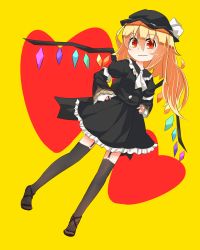 Rule 34 | 1girl, alternate costume, amakoke, bad id, bad pixiv id, black thighhighs, blonde hair, dutch angle, flandre scarlet, garter straps, hands on own hips, hat, highres, looking at viewer, mob cap, orange eyes, shoes, smile, solo, thighhighs, touhou, wings