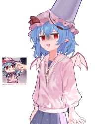 Rule 34 | 1girl, absurdres, ascot, ayo rimaisu, bat wings, blue hair, blue skirt, bucket, bucket on head, hat, hat ribbon, highres, mob cap, object on head, pink hat, pink shirt, red ascot, red eyes, reference inset, remilia scarlet, ribbon, screenshot inset, shirt, short hair, simple background, skirt, touhou, wings