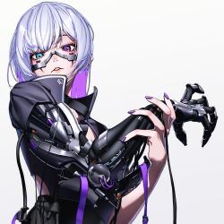 1girl absurdres aqua_eyes colored_inner_hair cyborg grey_background grey_hair heterochromia highres joints looking_at_viewer marui_(fxxstate_ofmind) multicolored_hair nail_polish original parted_lips prosthesis prosthetic_arm purple_eyes purple_hair robot_joints solo two-tone_hair