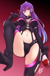 Rule 34 | 1girl, absurdres, airisubaka, artificial vagina, blue hair, boots, breasts, choker, cleavage, cleavage cutout, clothing cutout, elbow gloves, from below, gloves, gradient background, gradient hair, high heel boots, high heels, highres, iris heart, kami jigen game neptune v, large breasts, long hair, looking at viewer, multicolored hair, navel, neptune (series), purple hair, red background, red eyes, sex toy, shaded face, shoe soles, smile, solo, standing, standing on one leg, symbol-shaped pupils, thigh boots, thighhighs, twitter username, very long hair