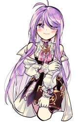 Rule 34 | 1girl, absurdres, aether sage (elsword), ahoge, aisha landar, artist request, bare shoulders, blush, blush stickers, collared dress, colorized, cover, cover page, dress, earrings, elsword, frills, glint, gloves, hair over one eye, hand on own arm, highres, jacket, jewelry, long hair, necktie, puffy short sleeves, puffy sleeves, purple eyes, purple hair, short sleeves, smile, solo, tie clip, transparent background, white background, white gloves