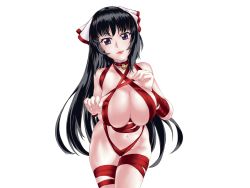 Rule 34 | 1girl, bell, black hair, bow, breasts, choker, cleavage, commentary, english commentary, hair bow, highres, large breasts, leaning forward, long hair, looking at viewer, naked ribbon, navel, neck bell, noihara himari, omamori himari, ponytail, purple eyes, red ribbon, ribbon, solo, very long hair, zehturtle
