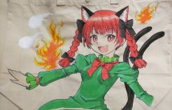 Rule 34 | 1girl, :d, absurdres, animal ear fluff, animal ears, bag (medium), bow, bowtie, braid, breasts, cat ears, cat tail, dress, extra ears, fang, fire, fire, green dress, hair ribbon, highres, hitodama, juliet sleeves, kaenbyou rin, long sleeves, multiple tails, nekomata, open mouth, puffy sleeves, red bow, red bowtie, red eyes, red hair, ribbon, slit pupils, small breasts, smile, solo, syaoruu, tail, touhou, traditional media, tress ribbon, twin braids, twintails, two tails, upper body
