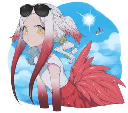 Rule 34 | 1girl, adapted costume, belt, bird girl, bird tail, bird wings, commentary request, elbow gloves, eyewear on head, gloves, gradient gloves, gradient hair, hair ornament, hairclip, head wings, highres, japanese crested ibis (kemono friends), kemono friends, multicolored hair, notora, pleated skirt, red belt, red gloves, red hair, red skirt, shirt, short sleeves, sidelocks, skirt, solo, sun, tail, twintails, two-tone hair, white gloves, white hair, white shirt, wings, yellow eyes