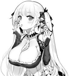 Rule 34 | 1girl, azur lane, between breasts, blush, breasts, cleavage, cupcake, detached sleeves, dress, earrings, licking finger, food, formidable (azur lane), greyscale, hair ribbon, hori (hori no su), jewelry, large breasts, licking, long hair, looking at viewer, monochrome, ribbon, solo, twintails