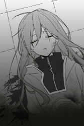 Rule 34 | 1girl, blood, blood from mouth, blood on clothes, blood on face, blood on ground, blood stain, closed eyes, commentary, crosshatching, death, greyscale, hair between eyes, hair spread out, hands on own stomach, hatching (texture), highres, hood, hood down, hoodie, kagerou project, kido tsubomi, koyon, long hair, monochrome, on floor, own hands together, parted lips, screentones, shirt, solo, tile floor, tiles, upper body, zipper
