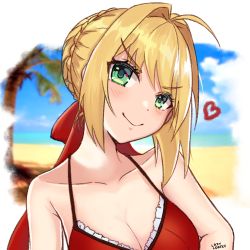 Rule 34 | 1girl, 2020, ahoge, beach, blonde hair, blush, braid, breasts, cleavage, closed mouth, crown braid, day, doyagao, fate/grand order, fate (series), green eyes, hair intakes, head tilt, heart, lazycoffee (wyen iscordo), looking at viewer, medium breasts, nero claudius (fate), nero claudius (fate) (all), nero claudius (swimsuit caster) (fate), outdoors, sand, smile, smug, solo, summer, swimsuit, tree, upper body