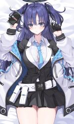 Rule 34 | 1girl, absurdres, black gloves, black skirt, blue archive, cellphone, closed mouth, collar, collared shirt, gloves, hair between eyes, half gloves, halo, highres, holding, holding phone, jacket, long hair, long sleeves, looking at viewer, lying, noa (blue archive), ojyomu, on back, open clothes, open jacket, partially unbuttoned, phone, purple eyes, purple hair, shirt, skirt, smartphone, solo, two side up, white collar, white jacket, white shirt, yuuka (blue archive)