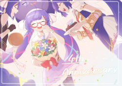 Rule 34 | 3girls, absurdres, ahoge, anniversary, arm guards, belt, black belt, black gloves, black jacket, black pantyhose, blue flower, blue hair, blue shirt, blunt bangs, bouquet, bow, buttons, cake, cake slice, candle, chocolate cake, closed eyes, clothing cutout, dress, eel hat, english text, fangs, flower, food, fruit, gloves, green trim, hair bow, hair ornament, hairclip, hand on own face, highres, holding, holding bouquet, holding plate, jacket, large hat, long hair, low-braided long hair, low-tied long hair, low twintails, multicolored hair, multiple girls, multiple persona, necktie, number candle, open mouth, orange hair, orange trim, otomachi una, otomachi una (spicy), otomachi una (sugar), otomachi una (talkex), pantyhose, partially fingerless gloves, pink trim, plaid, plaid pantyhose, plate, pleated dress, purple dress, purple flower, purple headwear, red-framed eyewear, red flower, red necktie, red ribbon, ribbon, sailor collar, school uniform, semi-rimless eyewear, shirt, short sleeves, shoulder cutout, skirt, sleeveless, sleeveless dress, smile, strawberry, streaked hair, suiso sn3, teeth, twintails, upper teeth only, very long hair, vocaloid, voiceroid, watch, white bow, white flower, white sailor collar, white skirt, white trim, wristwatch, yellow flower