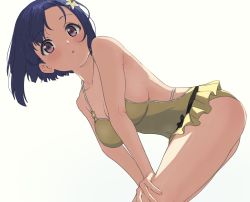 Rule 34 | 1girl, arched back, ass, bent over, blue hair, blush, bokutachi no remake, breasts, casual one-piece swimsuit, cleavage, collarbone, flower, hair flower, hair ornament, hands on own legs, highres, large breasts, looking at viewer, one-piece swimsuit, purple eyes, shino aki, short hair, simple background, sincos, solo, swimsuit, swimsuit skirt, white background, yellow one-piece swimsuit
