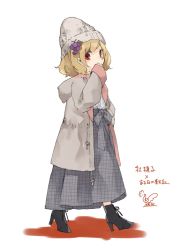 Rule 34 | 1girl, aki minoriko, alternate costume, black footwear, blonde hair, boots, casual, coat, commentary request, contemporary, food-themed hair ornament, full body, grape hair ornament, grey coat, grey hat, grey skirt, hair ornament, hand to own mouth, hand up, hat, high heel boots, high heels, highres, hood, hooded coat, knit hat, long sleeves, looking at viewer, open clothes, open coat, plaid, plaid skirt, red eyes, shirt, short hair, simple background, skirt, solo, standing, touhou, toutenkou, translation request, unmoving pattern, white background, white shirt