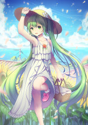 Rule 34 | 1girl, alternate eye color, arm up, armpits, basket, bracelet, cloud, contrail, day, dress, flower, green eyes, green hair, hat, hatsune miku, highres, jewelry, long hair, looking at viewer, matching hair/eyes, petals, sky, solo, standing, standing on one leg, sun hat, sunflower, twintails, very long hair, vocaloid, white dress, xiaosan ye