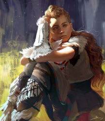 Rule 34 | 1girl, aloy (horizon), armor, blue sky, boots, braid, brown hair, cloud, day, female focus, freckles, grass, green eyes, horizon (video game), horizon zero dawn, long hair, looking at viewer, on ground, open mouth, outdoors, realistic, ron-faure, sitting, sky, solo