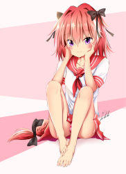 Rule 34 | 1boy, astolfo (fate), astolfo (sailor paladin) (fate), barefoot, black ribbon, braid, closed mouth, fang, fate/grand order, fate (series), feet, feet together, hair ribbon, hands on own cheeks, hands on own face, long hair, male focus, official alternate costume, panties, pink hair, potato (chenghungchai), purple eyes, red skirt, ribbon, school uniform, serafuku, short sleeves, signature, sitting, skirt, smile, solo, striped clothes, striped panties, trap, underwear