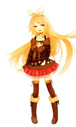 Rule 34 | 1girl, alternate costume, alternate hairstyle, blonde hair, boots, bow, hair ornament, hairclip, hand on own chest, highres, jewelry, kagamine rin, long hair, looking at viewer, necklace, over-kneehighs, red skirt, shirt, simple background, skirt, smile, striped clothes, striped shirt, thighhighs, vocaloid, white background