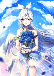Rule 34 | 1girl, bare arms, bare shoulders, blue flower, blue rose, blue shorts, blue sky, bouquet, cloud, collarbone, commentary request, day, dress, elsword, eve (elsword), eve (utaite), feathered wings, flower, hair between eyes, hair ribbon, holding, holding bouquet, long hair, outdoors, parted lips, ribbon, rose, see-through, short shorts, shorts, signature, sky, sleeveless, sleeveless dress, solo, very long hair, white dress, white hair, white ribbon, white wings, wings, xes (xes 5377)