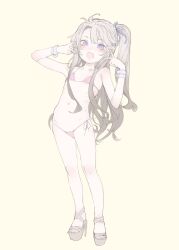 Rule 34 | 1girl, absurdres, bikini, blue eyes, blush, borrowed character, commentary request, double v, flat chest, full body, grey hair, hair ribbon, herme (ohisashiburi), high heels, highres, long hair, looking at viewer, micro bikini, mochi (circle rin), one side up, open mouth, original, pink bikini, platform footwear, platform heels, ribbon, sandals, side-tie bikini bottom, sketch, smile, solo, swimsuit, v, wrist cuffs