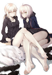 Rule 34 | 2girls, ahoge, artoria pendragon (all), artoria pendragon (fate), ass, bare legs, barefoot, batatata77, belt, black dress, black panties, blonde hair, cavall the 2nd, crossed legs, dog, dress, fate/grand order, fate (series), feet, feet together, hair between eyes, hair ornament, hair ribbon, highres, hood, hoodie, jacket, jeanne d&#039;arc (fate), jeanne d&#039;arc (ruler) (fate), jeanne d&#039;arc alter (fate), jeanne d&#039;arc alter (ver. shinjuku 1999) (fate), jewelry, legs, looking at viewer, multiple girls, necklace, official alternate costume, panties, platinum blonde hair, ponytail, ribbon, saber alter, saber alter (ver. shinjuku 1999) (fate), short dress, short hair, short shorts, shorts, sitting, soles, thighs, toes, underwear, white background, yellow eyes