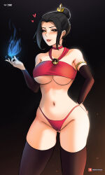 Rule 34 | 1girl, absurdres, armlet, avatar: the last airbender, avatar legends, azula, bare shoulders, black gloves, black hair, black thighhighs, blue fire, blush, breasts, cameltoe, choker, cleft of venus, closed mouth, collarbone, cowboy shot, elbow gloves, eyelashes, feet out of frame, female focus, fingerless gloves, fire, gloves, gluteal fold, groin, hair bun, hair ornament, hand on own hip, heart, highres, large breasts, lips, looking at viewer, midriff, mystyhw, navel, orange eyes, paid reward available, patreon logo, patreon username, short hair, single hair bun, smile, standing, stomach, thighhighs, underboob, watermark, web address