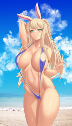 Rule 34 | 1girl, absurdres, animal ears, arm up, armband, bare hips, bare shoulders, beach, bikini, blonde hair, blush, breasts, cleavage, commission, curvy, dungeon and fighter, earrings, epko, green eyes, highres, jewelry, large breasts, navel, ocean, ponytail, rabbit ears, seductive smile, shiny clothes, shiny skin, slingshot swimsuit, smile, solo, swimsuit, thick thighs, thighs, v