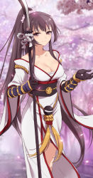 Rule 34 | 10s, 1girl, alternate costume, breasts, brown hair, cherry blossoms, cleavage, collarbone, gauntlets, highres, japanese clothes, kantai collection, kisetsu, long hair, naginata, petals, polearm, ponytail, sarashi, smile, solo, very long hair, weapon, yamato (kancolle)
